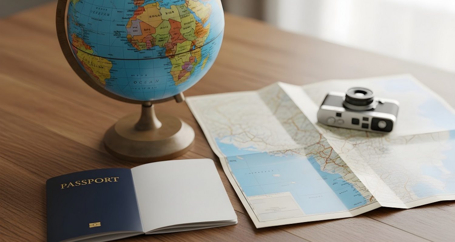 Travel essentials: passport map globe and camera.