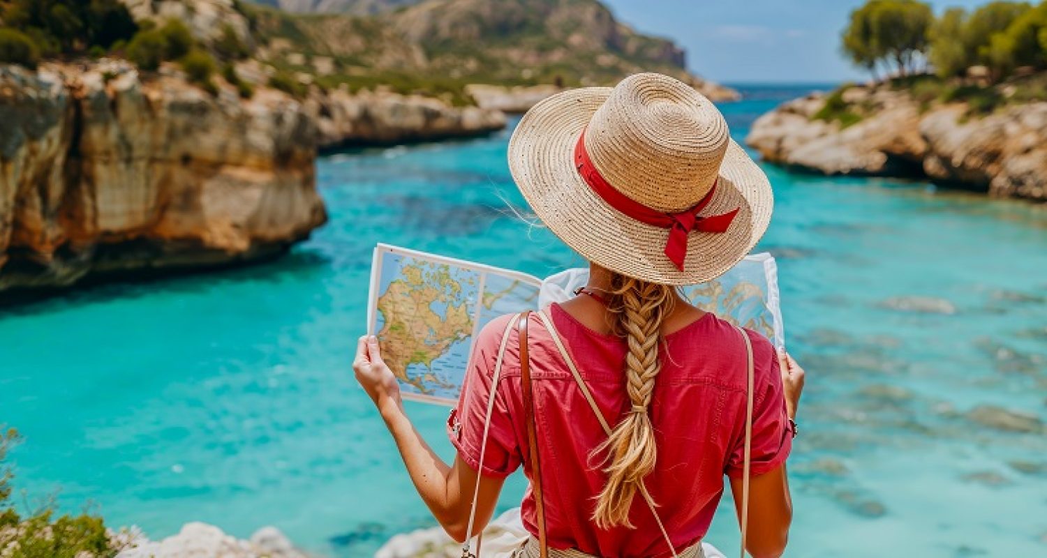 une femme en vacances vue de dos en train de regarder une carte devant un beau paysage de mer